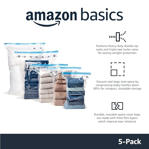 Amazon Basics Vacuum Storage Bags, Compression Space Saving for Clothes and Linens, Reusable with Hand Pump, Large, Clear, 5-Pack