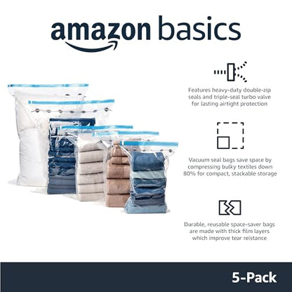 Amazon Basics Vacuum Storage Bags, Compression Space Saving for Clothes and Linens, Reusable with Hand Pump, Large, Clear, 5-Pack