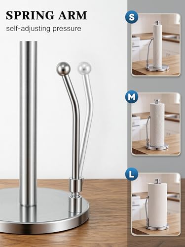 SMARTAKE Paper Towel Holder Countertop, Non-Slip Weighted Base, Silver | Freestanding Kitchen Roll Dispenser, Rustproof Stainless Steel, Spring Arm for Easy Tear, Widden Top, with 4 Suction Cups