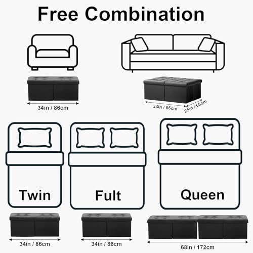 AmasSmile Footrest Ottoman Storage Bench, 34" Leather Folding Stool, Black | Large Ottoman with Storage, Thicker Foam Padded Seat, Livingroom, Dorm, Bedroom, Entryway, Easy to install,34 x 13 x 13in
