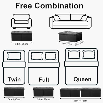 AmasSmile Footrest Ottoman Storage Bench, 34" Leather Folding Stool, Black | Large Ottoman with Storage, Thicker Foam Padded Seat, Livingroom, Dorm, Bedroom, Entryway, Easy to install,34 x 13 x 13in