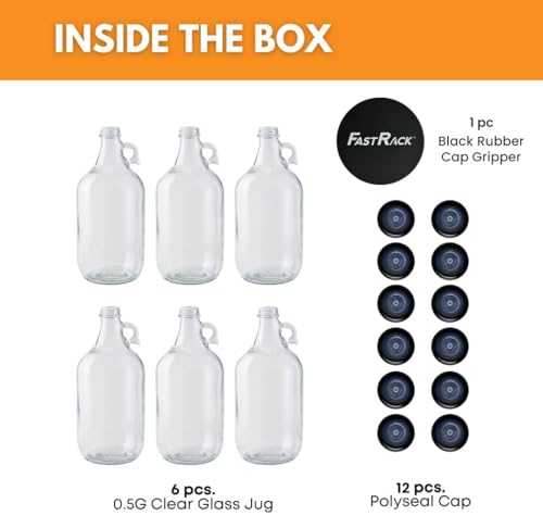 6-Pack Half-Gallon Glass Jug Set (64 oz) w/12 Poly... (6 Count | Clear | Glass)