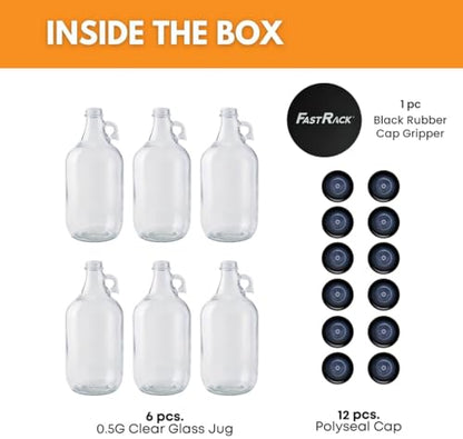 6-Pack Half-Gallon Glass Jug Set (64 oz) w/12 Poly... (6 Count | Clear | Glass)