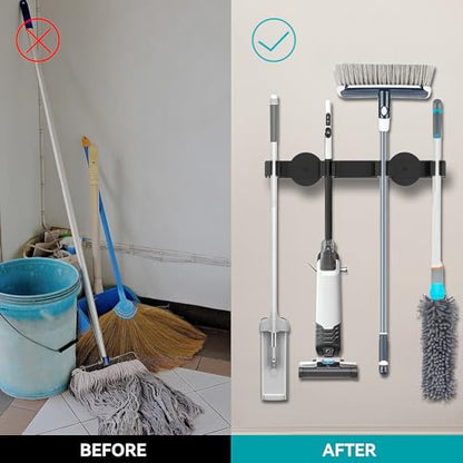Magnetic Mop Broom Holder, Strong Non Slip Magnetic Broom Mop Hanger, Heavy Duty Magnetic Hooks for Hanging Shovel Rake Tools, Wall Mounted Utility Storage Magnet Rack 4 Rack