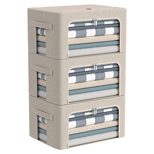 CYhom 3Pack Foldable Storage Bins - Frame Storage Box Linen Fabric Stackable Clothes Container Organizer with Clear Window & Carry Handles Large Capacity (Small-22L, Beige)