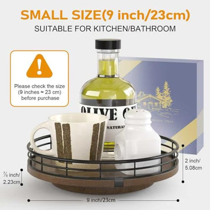 9-Inch Farmhouse Oak Lazy Susan Cabinet Organizer, Walnut Finish | Smooth rotating oak tray with walnut finish for dining tables, kitchen counters, pantries and cabinet storage.