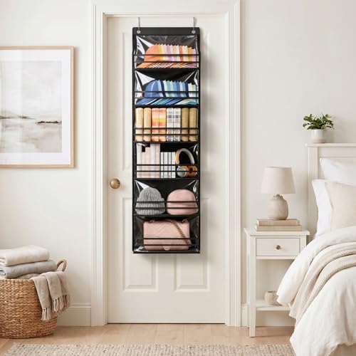 Lifewit 6 Tier Clear Over the Door Hat Rack, Baseball Caps Organizer, Black | Holds up to 84 Hats, Hanging Cap Storage Shelf with Dust Cover, Large Organizer with 2 Adjustable Hooks for Bedroom, Closet