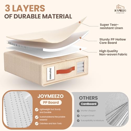 Bed Sheet Organizers, Foldable Linen Closet Storage, 6 Pack, Beige | Fits King/Queen sets, Durable linen boxes with inner elastic straps & dual-sided clear windows/labels for blankets & duvets
