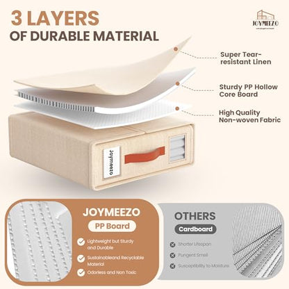 Bed Sheet Organizers, Foldable Linen Closet Storage, 6 Pack, Beige | Fits King/Queen sets, Durable linen boxes with inner elastic straps & dual-sided clear windows/labels for blankets & duvets