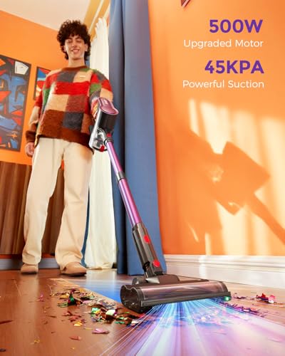 Cordless Vacuum Cleaner, 500W 45KPA 50Mins Stick Vacuum Cleaners for Home | Self-Standing, Anti-Tangle Brush, 1.6L Dust Cup, with LED Light, Lightweight Vacuum for Pet Hair, Carpets, Hard Floors