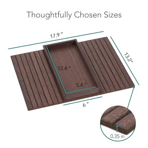 DETOR Couch Arm Tray with Spacious 12.4" x 5.4" Storage Box, Walnut Bamboo Finish, Enhanced Non-Slip Felt Bottom, Sturdy Bamboo Slats, Fits Armrests 6" and Wider