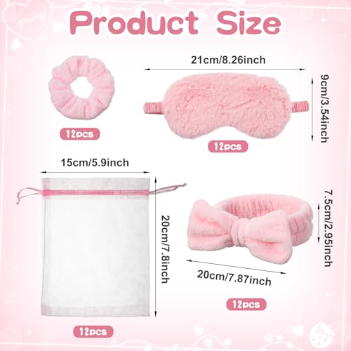 48 Pcs Spa Party Supplies Bulk, 12 Spa Headband 12 Plush Sleep Eye Mask 12 Velvet Scrunchies 12 Organza Bags Disposable for Bachelorette Sleepover Slumber Party Favors Christmas Favors Gift(Pink)