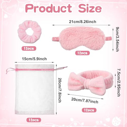 48 Pcs Spa Party Supplies Bulk, 12 Spa Headband 12 Plush Sleep Eye Mask 12 Velvet Scrunchies 12 Organza Bags Disposable for Bachelorette Sleepover Slumber Party Favors Christmas Favors Gift(Pink)