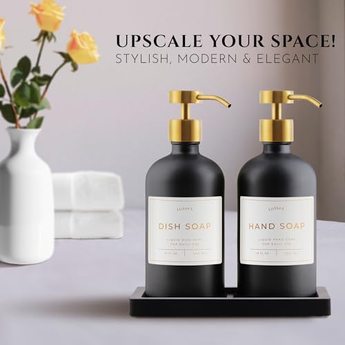 Glass Soap Dispenser Set of 2 (Black) with Silicone Tray | Hand and Dish Soap Dispenser for Kitchen and Bathroom | 16.8 Oz Glass Bottles with Stainless Steel Pump & 15 Waterproof Labels (Black/Gold)