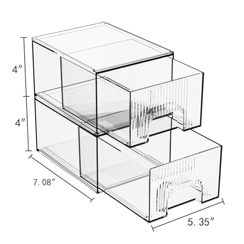ZHIAI 2 Pack Clear Stackable Cosmetic Organizer, Acrylic Drawer, Plastic Organizer for Dresser, Vanity, Kitchen Cabinet, Pantry, Home Organization and Storage