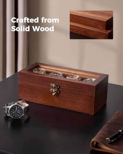 ProCase 4 Slot Wooden Watch Display Case With Glass Lid, Organizer | Elegant Wooden Watch Box With Glass Lid And Soft Lining For Men And Women, Ideal For Home Display And Birthday Gifts - Brown