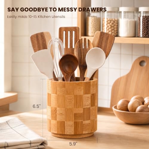 360° Rotating Checkered Bamboo Utensil Holder for Countertop | 6.5" Large Capacity, Kitchen Utensil Crock Organizer for Spatulas & Spoons