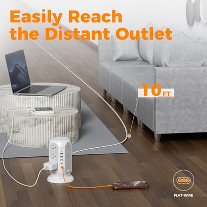 TESSAN Tower Power Strip Surge Protector, Flat Extension Cord 10 Ft, Grey | Individual Switches with 12 Outlets, 5 USB Ports(2 USB C), Flat Plug, Charging Station for Multiple Devices, Office, Dorm