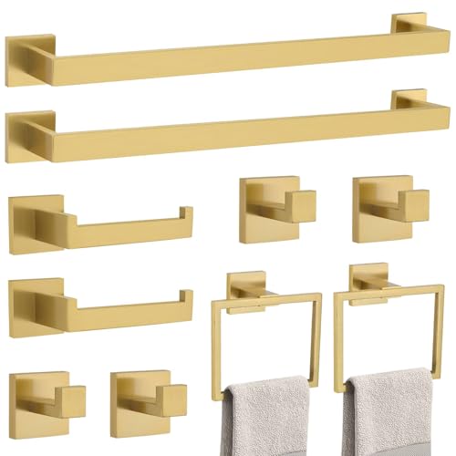 10-Piece Bathroom Hardware Accessories Set-Brushed Gold Towel Bar, Holder & Racks-SUS304 Stainless Steel-Wall Mounted,23.6-Inch