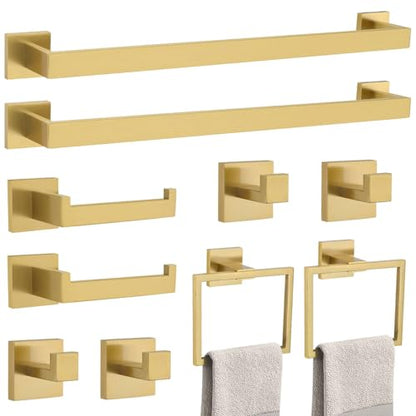 10-Piece Bathroom Hardware Accessories Set-Brushed Gold Towel Bar, Holder & Racks-SUS304 Stainless Steel-Wall Mounted,23.6-Inch