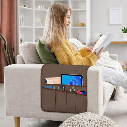 Remote Control Holder for Armchair Caddy, Remote Holder with 5 Pockets | Couch TV Remote Holder with Non-Slip Base, Bedside Caddy Organizer for Key Glasses Phone Magazine (Brown, 35"x12.4")