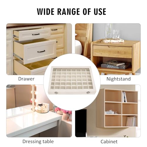 Siveit Velvet Jewelry Tray 48 Grid Jewelry Display Tray Organizer Box with Transparent Lid Rings Earrings Necklaces Pendants Display Box Suitable for Women and Girls (Beige)