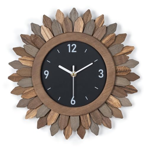 Wall Clock Battery Operated 12 in Rustic Wood Boho Sunburst Decorative Wall Clock Silent Non Ticking Farmhouse Small Wall Clocks for Living Room Kitchen Bathroom Bedroom Decor (Tricolor)