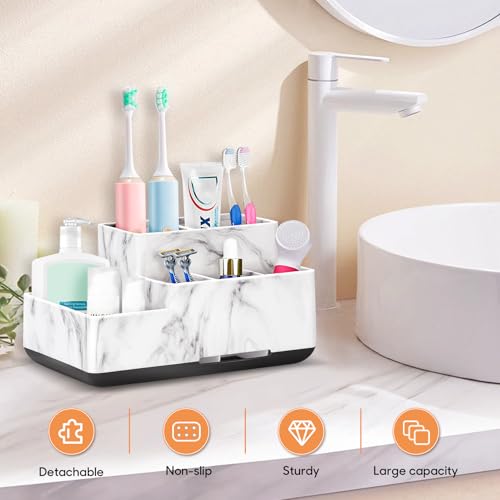 Detachable Toothbrush and Toothpaste Holder for Bathroom Countertop | Large Bathroom Organizer Storage Anti-Slip for Shower, Kitchen, Kids, Family, Multifunction Toothbrush Holders Marble Silver