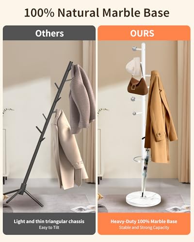 ZOZOE Metal Coat Rack Stand, Modern Coat Rack Freestanding with Natural Marble Base, Sturdy Industrial Coat Racks with 8 Hooks & Umbrella Holder,White Coat Tree Hanger Stand for Entryway,Office