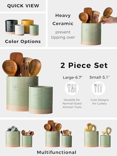 YHOSSEUN Kitchen Utensil Holder Set of 2, Utensil Crock for Countertop | 6.7"+5.1" Cooking Utensil Holder for Kitchen Counter, Oval Utensil Storage Organizer Farmhouse Kitchen Decor, Two-Tone, Green