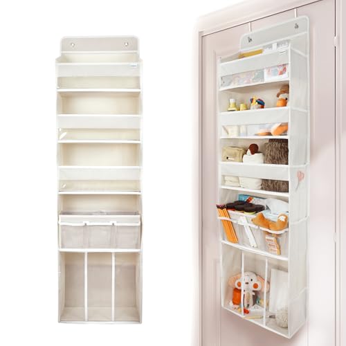 Door Hanging Storage Organizer,with 3 Bins 1 Movable Baby Diaper Caddy,1 Large capacity diaper stacking storage Organizer,10 Side Pockets ,Bedroom Door Storage for Nursery Baby Essentials. (Beige)