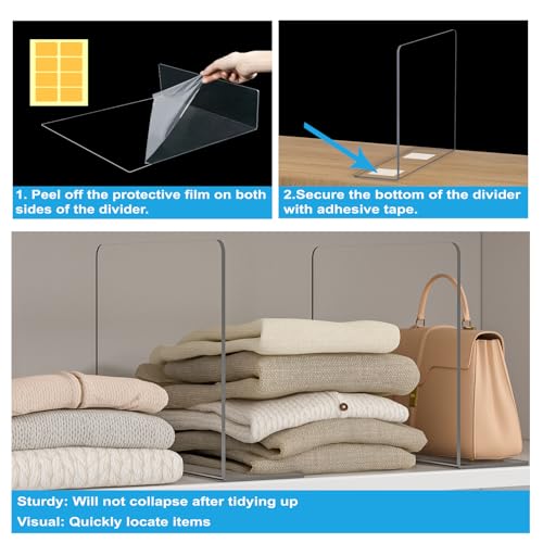 OKPOW Shelf Dividers Closet Organizer - 12" Tall X 11.8" Deep Acrylic Clear Sturdy Separate for Clothes Purse - Adjustable Space Saver Easy Install for Home Organization Enthusiasts 8 Pack