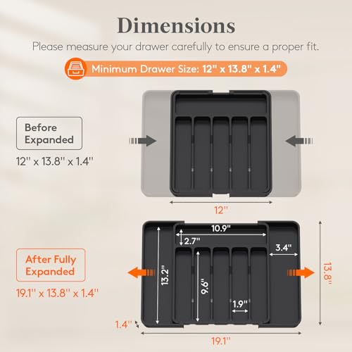 Adjustable Silverware Drawer Organizer, Expandable... (Black | Plastic)