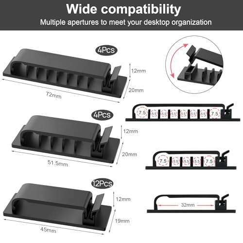 Cable Management Clips, 20Pcs Cord Organizers Wire Clips Cord Holder for TV PC Ethernet Cable Desk Home Office (Black)