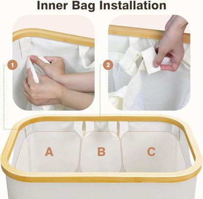 Hampers for Laundry Basket with Lid, 160L Large Laundry Hamper 3 Section | Dirty Clothes Hamper Separator with 3 Removable Bags & 5 Labels, Divided Laundry Organizer for Bedroom, Laundry Room, Beige
