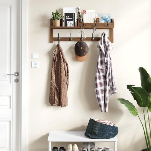 Wall Hooks with Shelf, 26.57 Inch Entryway Wood Coat Hooks for Wall with Shelf, Coat Rack Wall Mount with 5 Dual Hooks 3 Key Hooks Mail Organizer and Key Rack Holder (Brown)