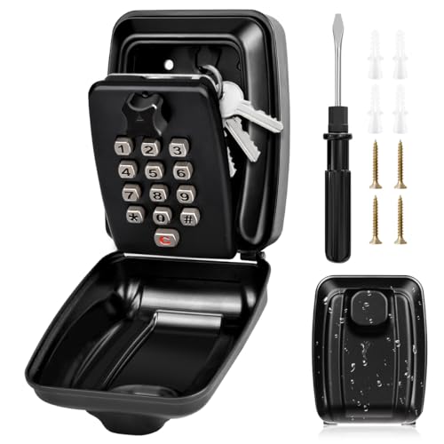 Key Lock Box for Outside, Sturdy Waterproof Wall Mount Lock Box for House Key, 12-Digit Combination Resettable Large Capacity Security Lockbox for Home, Garage, Office, Warehouse