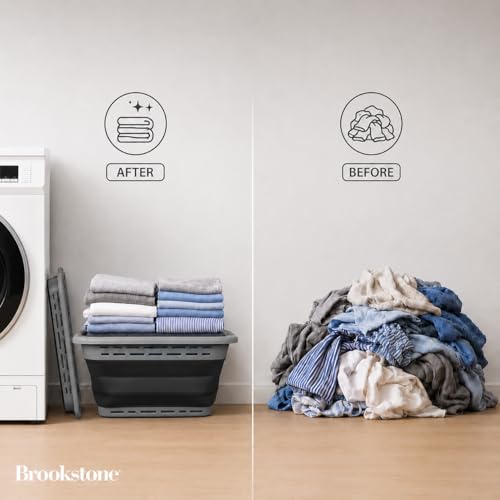 BROOKSTONE 11 GALLON XL 24" Collapsible Laundry Basket & Clothes Hamper, Comfort Non-Slip Handles, Modern Laundry Hamper with Space Saving Design, Portable Pop-Up Hamper, BPA FREE, Grey, 1 Pack