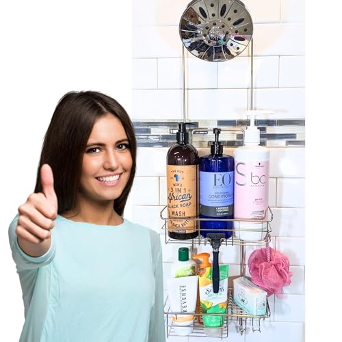 Extra-Long Adjustable Over-the-Showerhead Shower Caddy – Rustproof Stainless Steel Organizer with Suction Stabilizer, Deep Basket & Hooks – No-Drill, Tool-Free Installation (Silver)