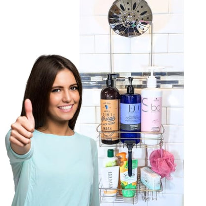Extra-Long Adjustable Over-the-Showerhead Shower Caddy – Rustproof Stainless Steel Organizer with Suction Stabilizer, Deep Basket & Hooks – No-Drill, Tool-Free Installation (Silver)