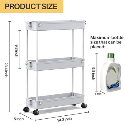 SPACEKEEPER Slim Rolling Storage Cart, 3 Tier Bathroom Cart Organizer, Gray | Narrow Rolling Cart with Wheels for Kitchen Office Bathroom Laundry Room,Mobile Utility Cart for Craft Art Makeup Nail Polish