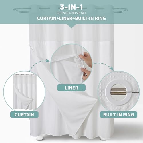 No Hook Waffle Shower Curtain with Snap-in Liner, 71x74 Inch, White