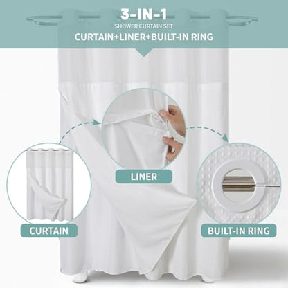 No Hook Waffle Shower Curtain with Snap-in Liner, 71x74 Inch, White