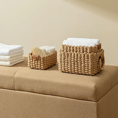LA JOLIE MUSE Small Wicker Baskets for Organizing, Desert 3 Pack | Decorative Organizer with Vegan Leather Tag, Round Handle, Storage Baskets for Shelves, Bedroom, Kitchen, Office and Home