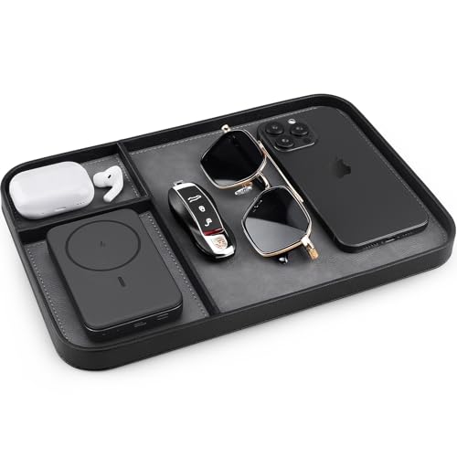 SENEN Leather Tray, Stylish and Organized Multifunctional Tray, for Table Entryway, Premium PU Leather, Catchall Tray for Keys, Watch, Wallet, Jewelry, and More (Black Frame)