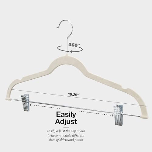 Home-it 10 Pack Velvet Hangers with Clips - Ivory Pants & Skirt Hangers - Ultra Thin No Slip Space-Saving for Pants, Skirts, Coats, Dresses, Tank Tops, Clothes