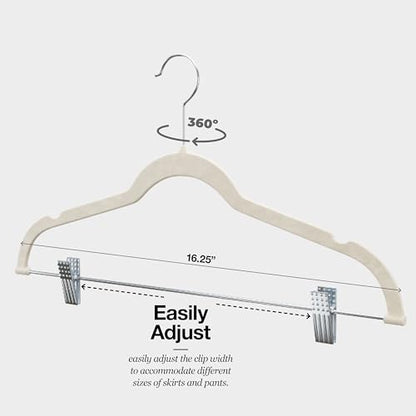 Home-it 10 Pack Velvet Hangers with Clips - Ivory Pants & Skirt Hangers - Ultra Thin No Slip Space-Saving for Pants, Skirts, Coats, Dresses, Tank Tops, Clothes