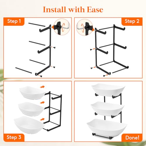 Lifewit Plastic Fruit Bowl for Kitchen Counter, 3 Tier Fruit Basket with Black Metal Stand, Tiered Fruit Holder for Countertop Serving Tray for Vegetable/Dessert in Party 28 x 21 x 35cm/11 x 8.4 x 14