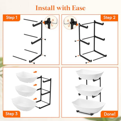 Lifewit Plastic Fruit Bowl for Kitchen Counter, 3 Tier Fruit Basket with Black Metal Stand, Tiered Fruit Holder for Countertop Serving Tray for Vegetable/Dessert in Party 28 x 21 x 35cm/11 x 8.4 x 14