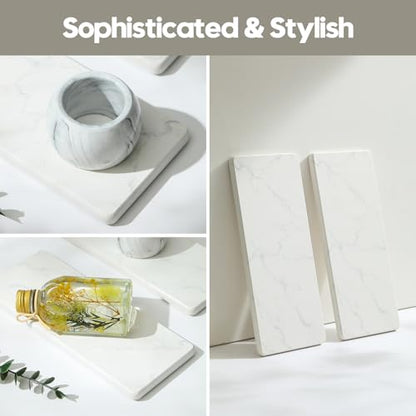 2PCS Water Absorbing Stone Drying Tray for Kitchen Counter & Bathroom Sink, Diatomite Faucet Splash Guard, Soap Dispenser Rack & Sponge Holder Caddy Organizer, Marble White (Printed Pattern), 9"x 3.5"
